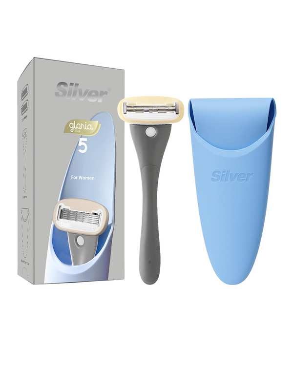 خودتراش زنانه 5 لبه طوسی سیلور Silver مدل Gloria5 System به همراه 2 تیغ یدک و سیلیکون کیس