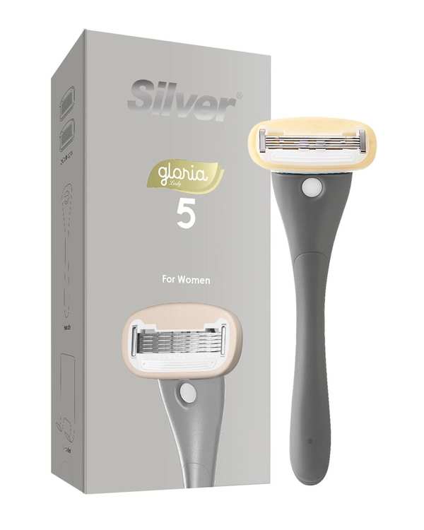 خودتراش زنانه 5 لبه طوسی سیلور Silver مدل Gloria5 System دسته با 2 تیغ یدک و هوک نگهدارنده