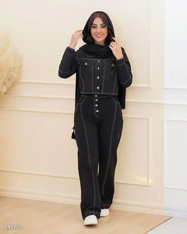 ست کت کراپ و شلوار زنانه مشکی مدل آرتیمان السانا Elsana کد 2417