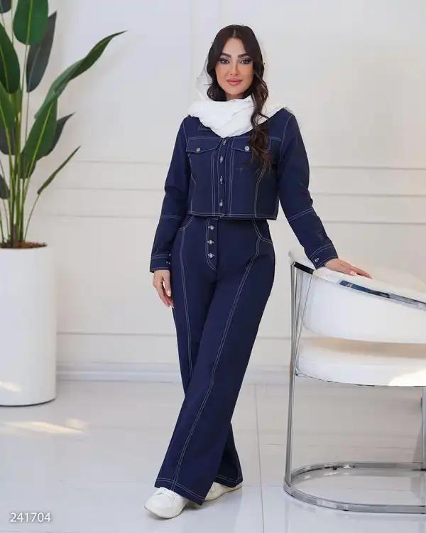 ست کت کراپ و شلوار زنانه سرمه ای مدل آرتیمان السانا Elsana کد 2417