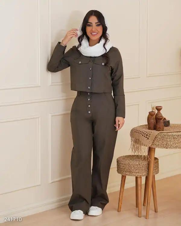 ست کت کراپ و شلوار زنانه سبز یشمی مدل آرتیمان السانا Elsana کد 2417