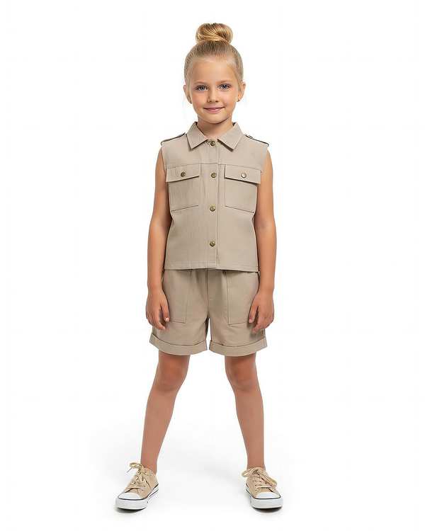 ست تاپ و شلوارک دخترانه کرم لئو کیدز Leo Kids کد 1-6872