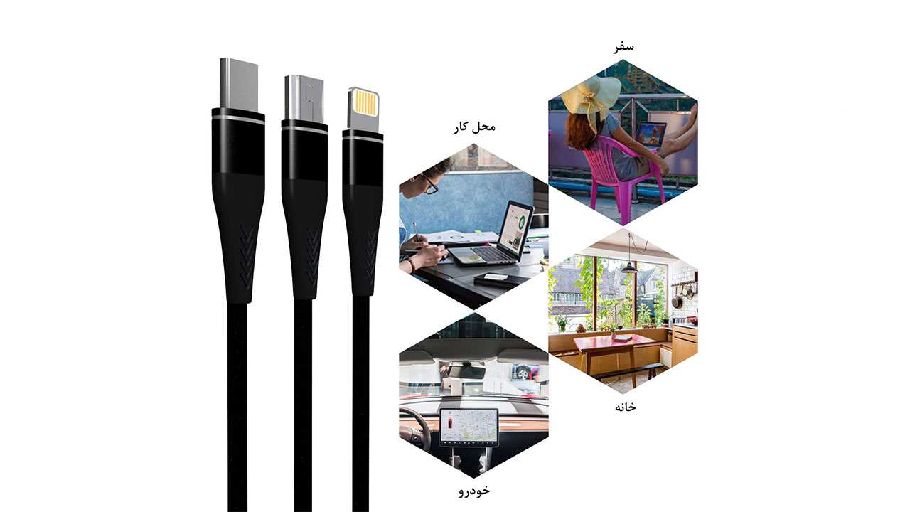 کابل USB به لایتنینگ/microUSB/USB-C کلومن مدل KD-24 به طول 120cm