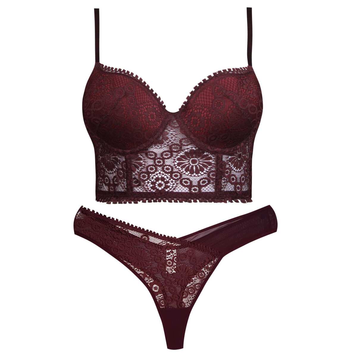 ست شورت و سوتین زنانه برتا مدل فنردار گیپور گلدار کد 5134-6043 رنگ زرشکی ماییلدا