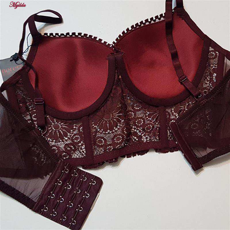 ست شورت و سوتین زنانه برتا مدل فنردار گیپور گلدار کد 5134-6043 رنگ زرشکی ماییلدا