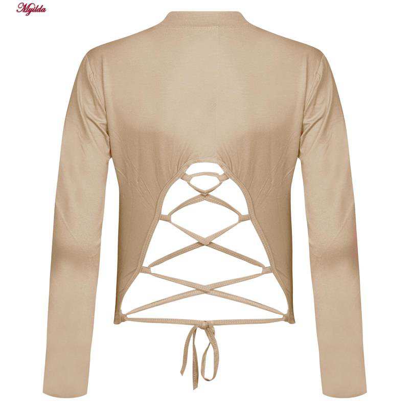 کراپ تیشرت آستین بلند زنانه مدل پشت بندی رنگ کرم کد 5228-609P ماییلدا