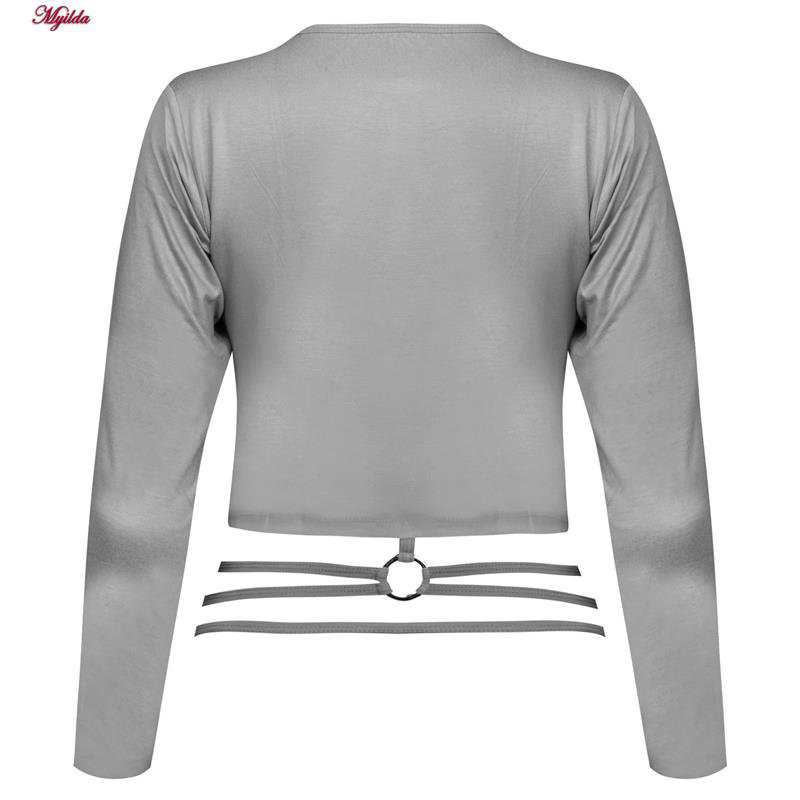 کراپ تی شرت آستین بلند زنانه مدل پشت بندی رنگ طوسی کد 5224-612P ماییلدا