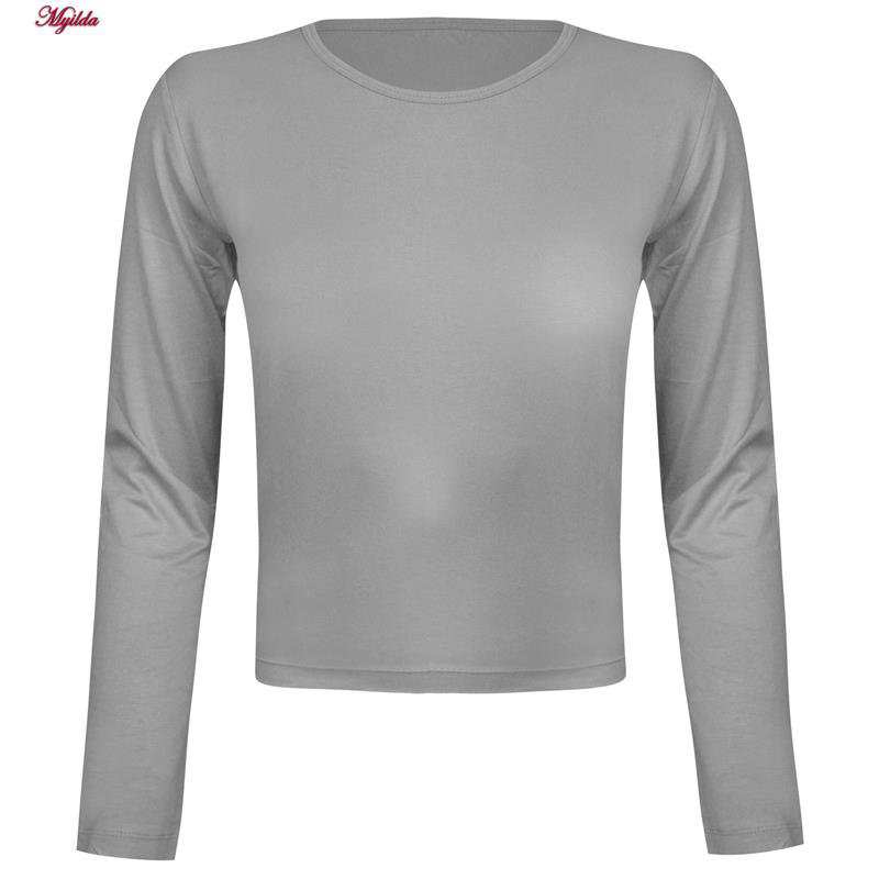 کراپ تی شرت آستین بلند زنانه مدل پشت بندی رنگ طوسی کد 5224-612P ماییلدا