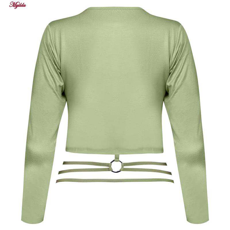 کراپ تی شرت آستین بلند زنانه مدل پشت بندی رنگ سبز کد 5224-612P ماییلدا