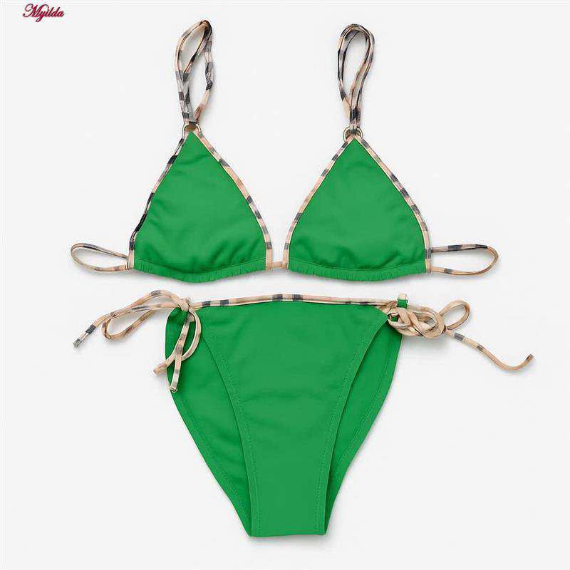 مایو دوتکه زنانه رنگ سبز با بند کرم مدل h-1207 ماییلدا