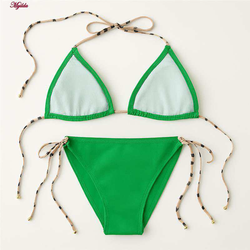 مایو دوتکه زنانه رنگ سبز با بند کرم مدل h-1207 ماییلدا