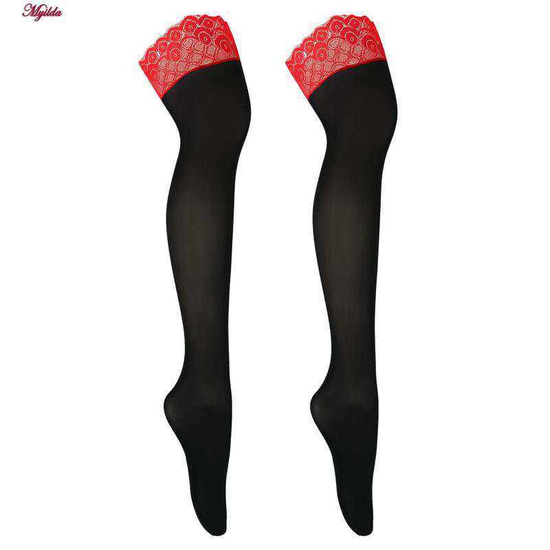 جوراب ساق بلند زنانه رنگ مشکی تور قرمز مدل 5347 ماییلدا