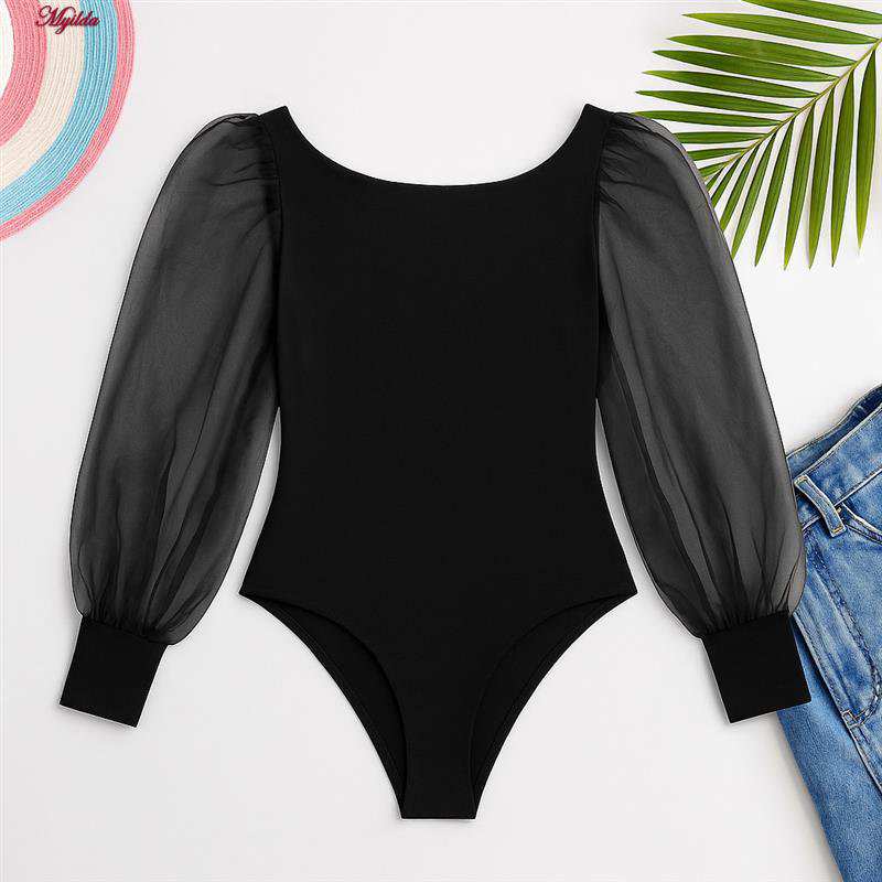 بادی آستین بلند زنانه پاپیلون مدل آستین توری رنگ مشکی مدل 5376-452 ماییلدا