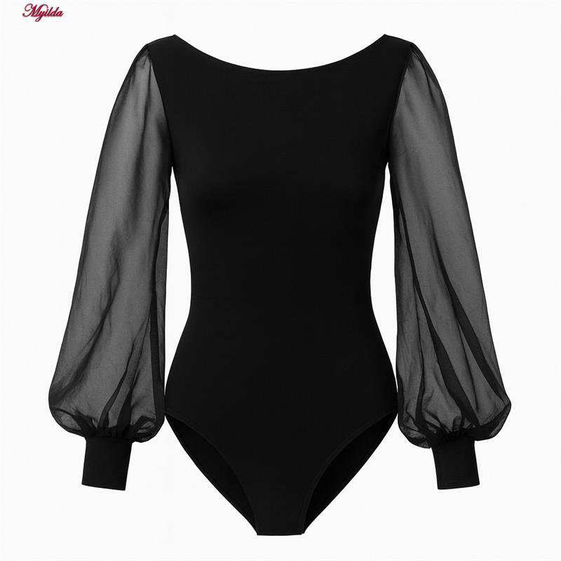 بادی آستین بلند زنانه پاپیلون مدل آستین توری رنگ مشکی مدل 5376-452 ماییلدا