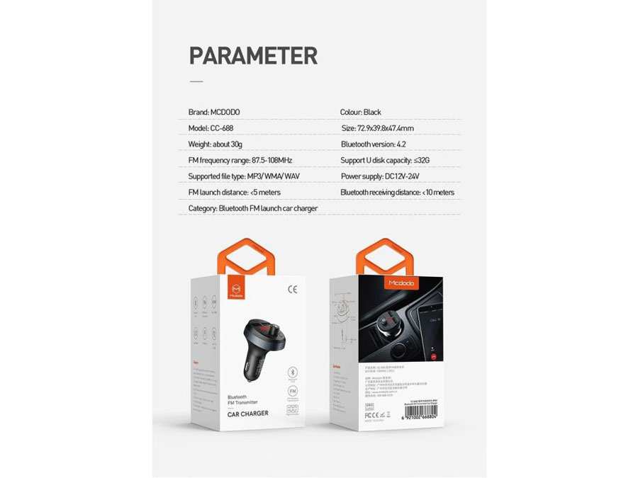 شارژر فندکی فست شارژ و گیرنده بلوتوثی مک دودو CC-688