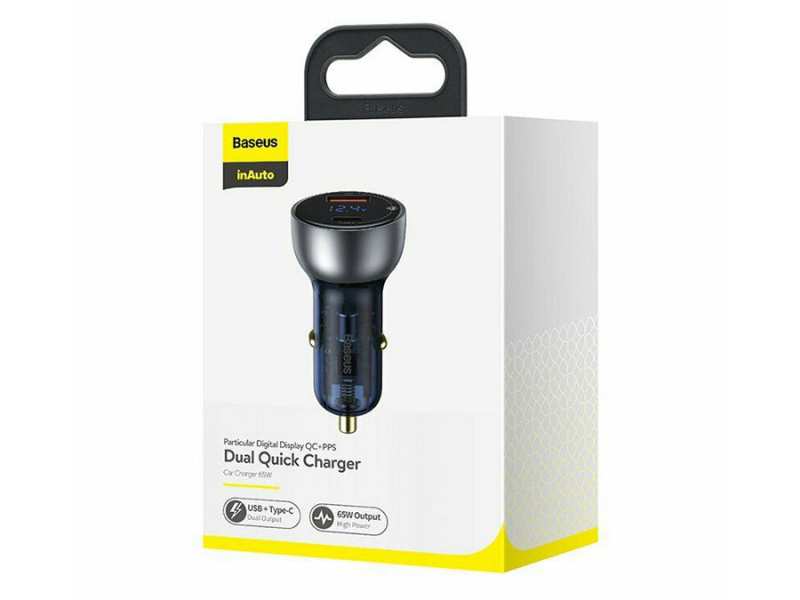 شارژر فندکی فست شارژ ماشین 65 وات دو پورت طرح شفاف بیسوس VCKX65C