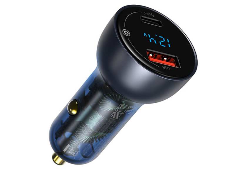 شارژر فندکی فست شارژ ماشین 65 وات دو پورت طرح شفاف بیسوس VCKX65C