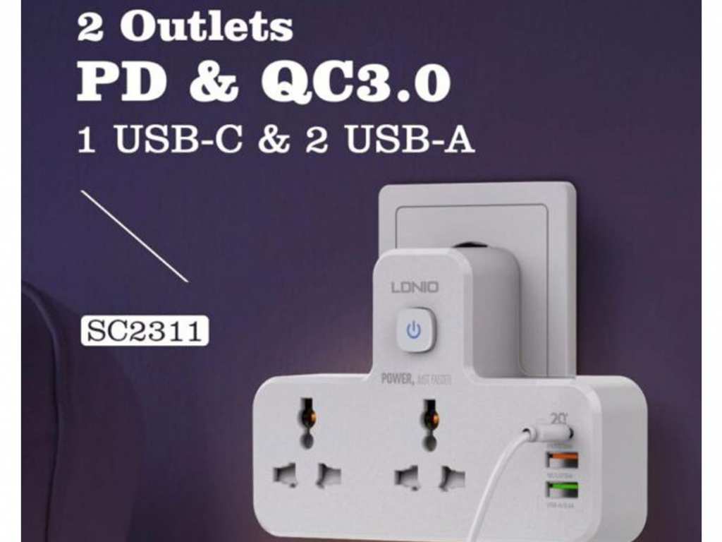 چند راهی 2 سوکت و 2 یواسبی و یک تایپسی الدنیو Ldnio Power Strip SC2311