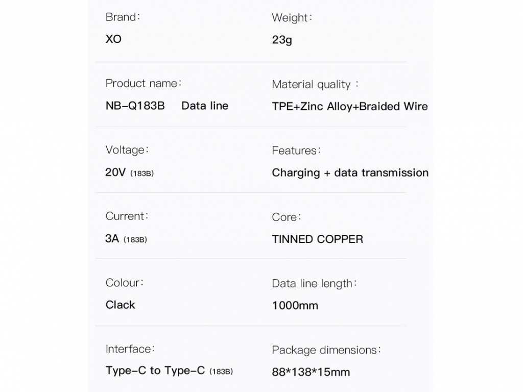 کابل سوپر فست شارژ تایپ سی به تایپ سی 60 وات یک متری ایکس او NB-Q183B