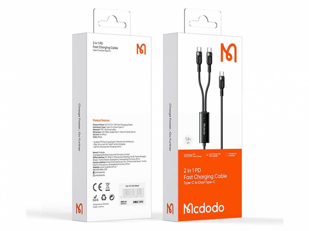 کابل شارژ سریع دو سر تایپسی 1.2 متری مکدودو MCDODO Type-C to Type-C+Type-C2 in 1 Fast Charging Data Cabl 100W CA-7470