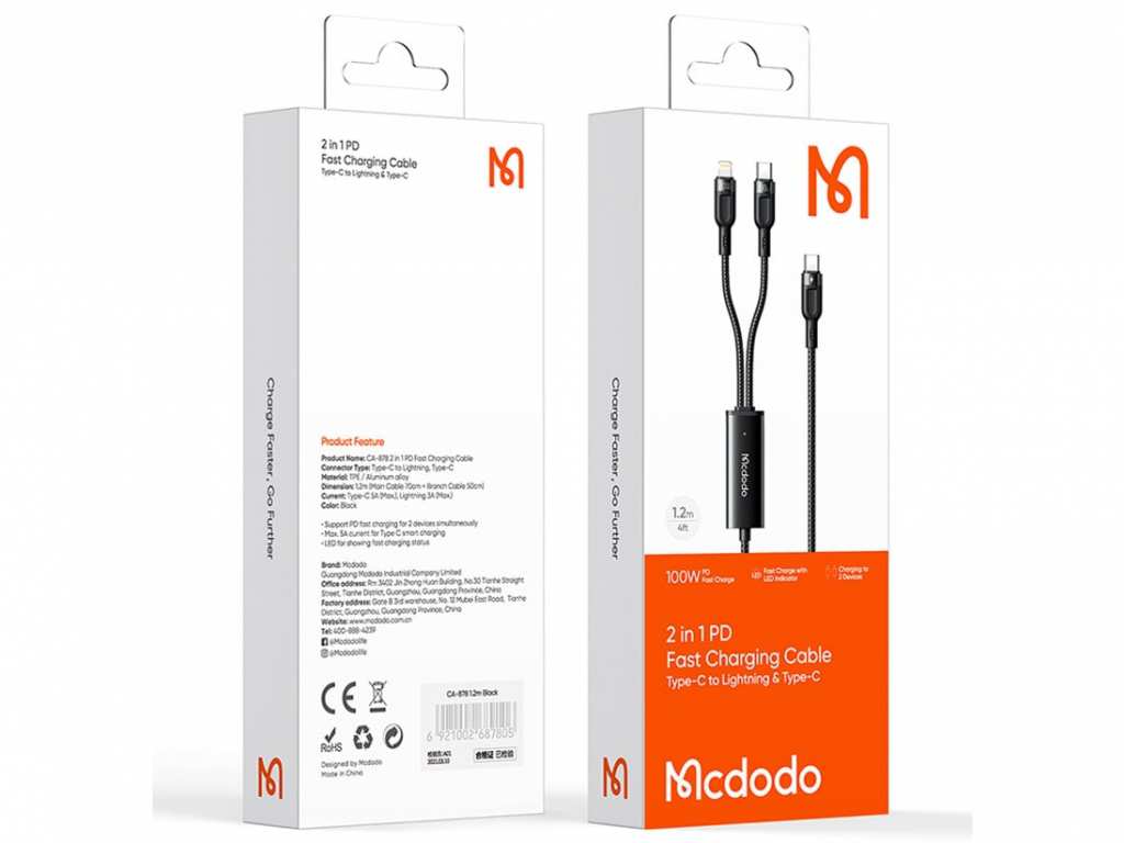 کابل شارژ سریع دو سر تایپ‌سی به لایتنینگ و تایپ‎سی 1.2 متری مک‌دودو MCDODO 2 in 1 Fast Charging Data Cabl CA-8780