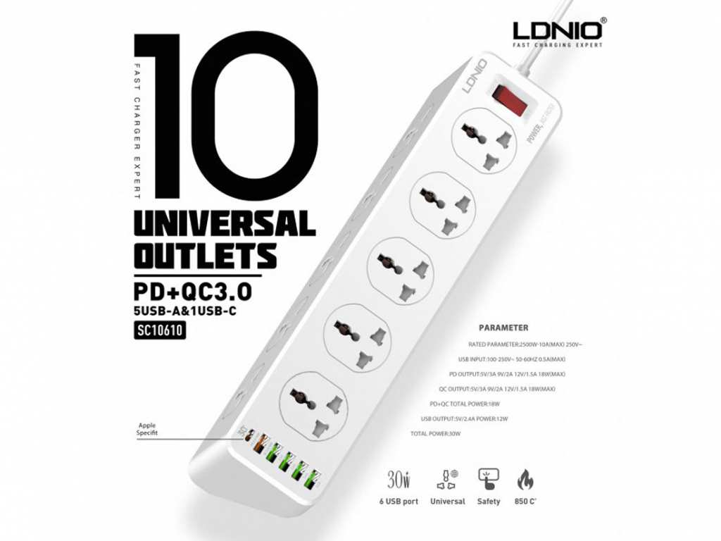 چندراهی برق 10 سوکت، 5 یواسبی و 1 تایپ‎سی الدنیو SC10610