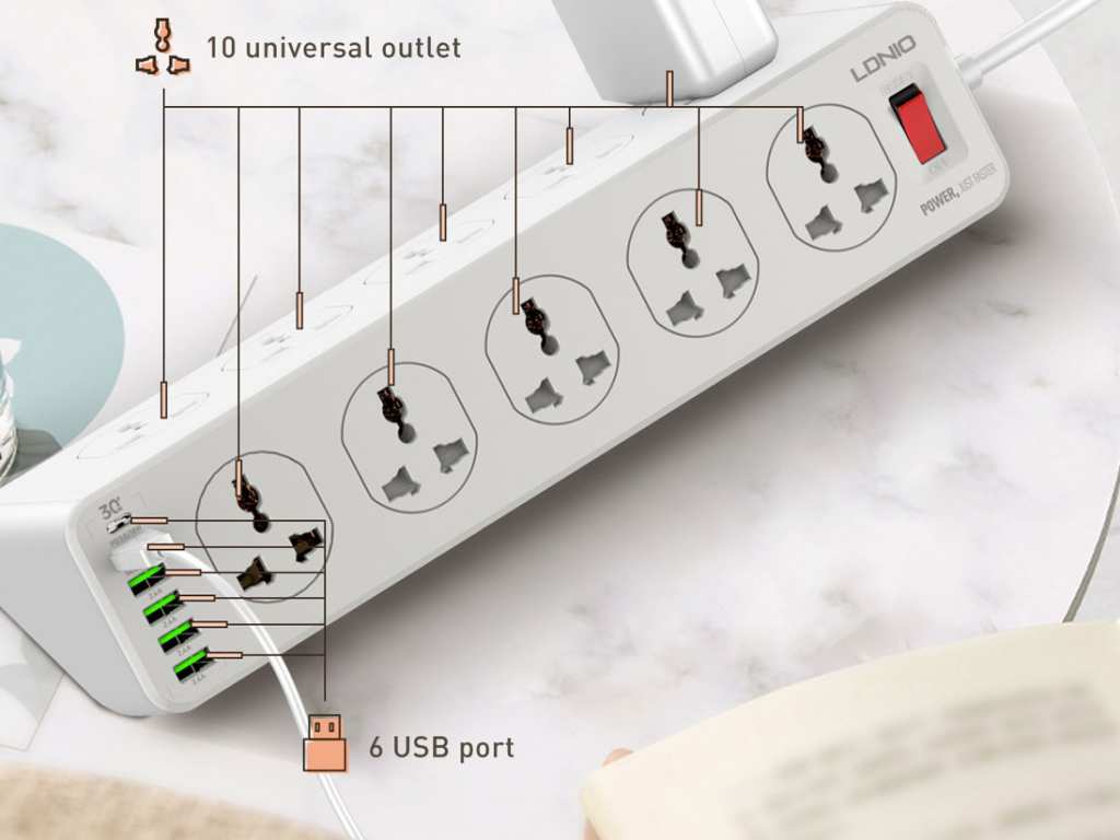 چندراهی برق 10 سوکت، 5 یواسبی و 1 تایپ‎سی الدنیو SC10610