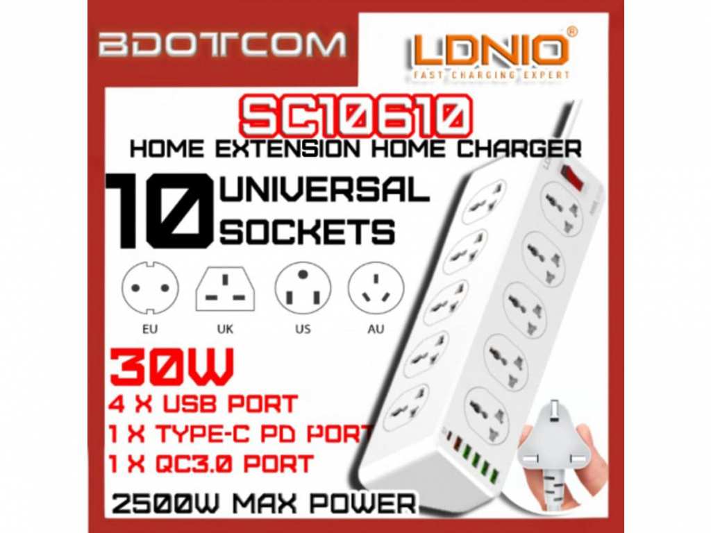 چندراهی برق 10 سوکت، 5 یواسبی و 1 تایپ‎سی الدنیو SC10610