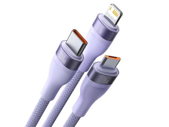 کابل شارژ و دیتا سهسر میکرو، تایپسی و لایتنینگ بیسوس Baseus Flash Series One-for-three Fast Charging Data Cable USB (CASS040001)