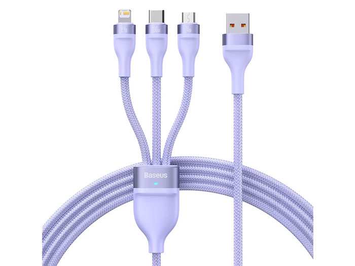 کابل شارژ و دیتا سهسر میکرو، تایپسی و لایتنینگ بیسوس Baseus Flash Series One-for-three Fast Charging Data Cable USB (CASS040001)