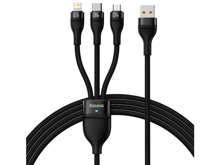کابل شارژ و دیتا سهسر میکرو، تایپسی و لایتنینگ بیسوس Baseus Flash Series One-for-three Fast Charging Data Cable USB (CASS040001)