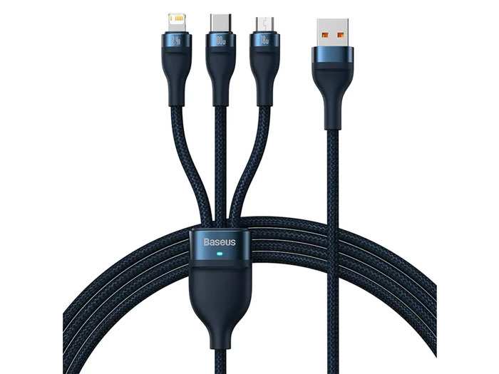 کابل شارژ و دیتا سهسر میکرو، تایپسی و لایتنینگ بیسوس Baseus Flash Series One-for-three Fast Charging Data Cable USB (CASS040001)