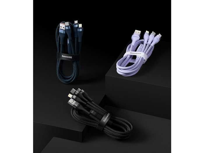 کابل شارژ و دیتا سهسر میکرو، تایپسی و لایتنینگ بیسوس Baseus Flash Series One-for-three Fast Charging Data Cable USB (CASS040001)