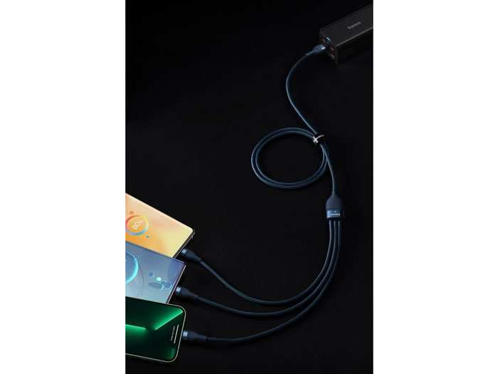 کابل شارژ و دیتا سهسر میکرو، تایپسی و لایتنینگ بیسوس Baseus Flash Series One-for-three Fast Charging Data Cable USB (CASS040001)