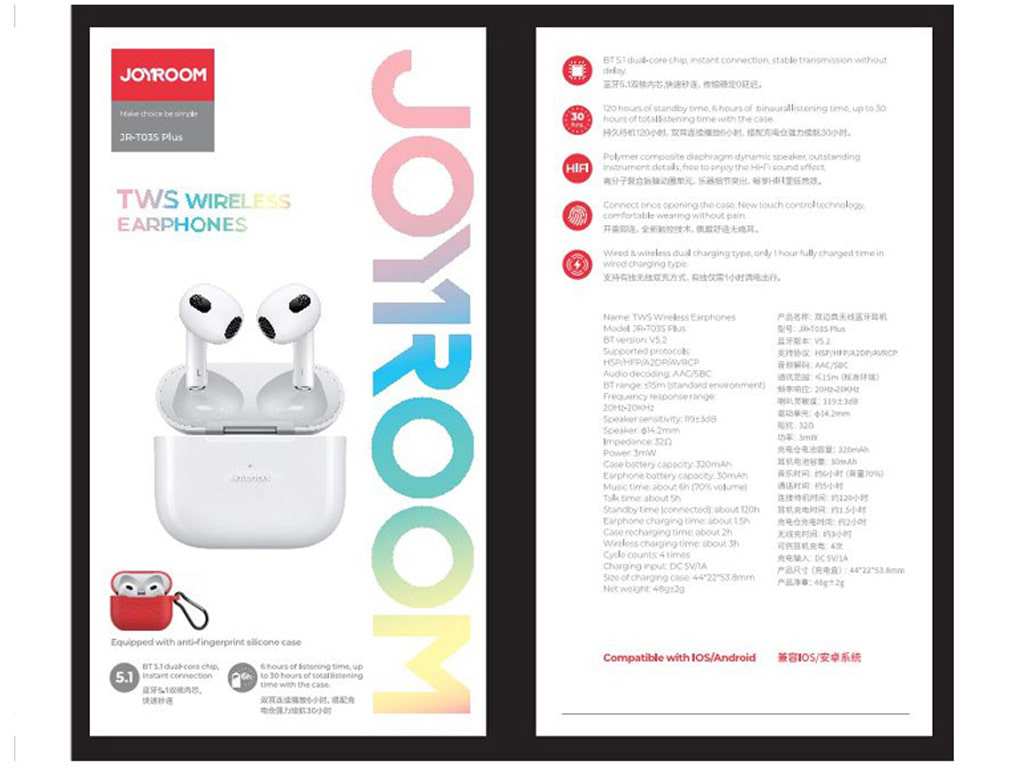 هندزفری بلوتوث جویروم JOYROOM TWS Wireless Bluetooth Earphone JR-T03S PLUS