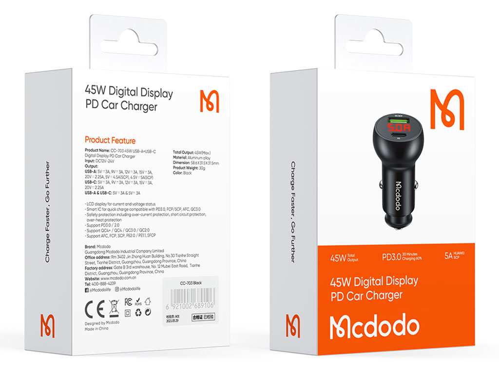 شارژر فندکی خودرو فستشارژ ماشین تایپ سی 45 وات مک دودو CC-7030