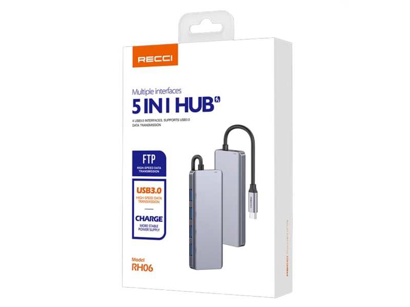 هاب 5 در 1 تایپ‌ سی رسی Recci RH06 5-in-1 Type-C to 4×USB 3.0 and microUSB Hub