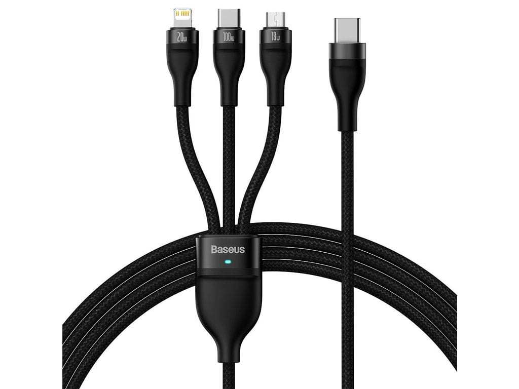 کابل فوق شارژ سریع سه سر تایپ‎سی به لایتنینگ، میکرو و تایپ‎سی 1.5 متری بیسوس Baseus Flash Series Fast Charging Cable 100W CASS030201