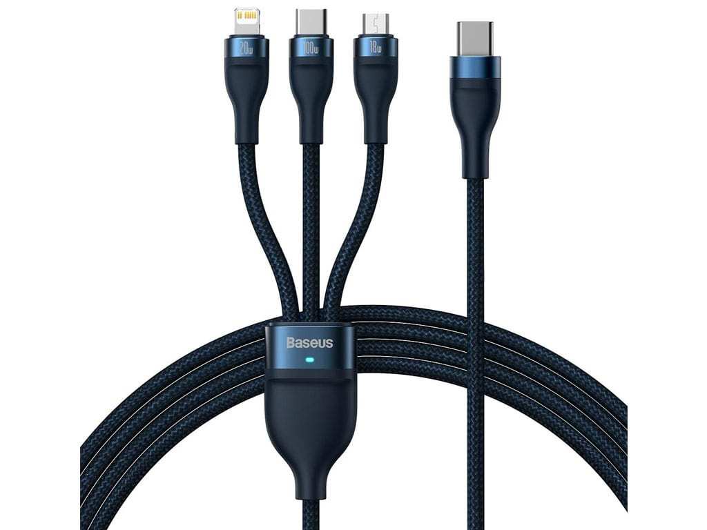 کابل فوق شارژ سریع سه سر تایپ‎سی به لایتنینگ، میکرو و تایپ‎سی 1.5 متری بیسوس Baseus Flash Series Fast Charging Cable 100W CASS030201