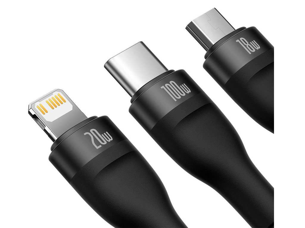 کابل فوق شارژ سریع سه سر تایپ‎سی به لایتنینگ، میکرو و تایپ‎سی 1.5 متری بیسوس Baseus Flash Series Fast Charging Cable 100W CASS030201