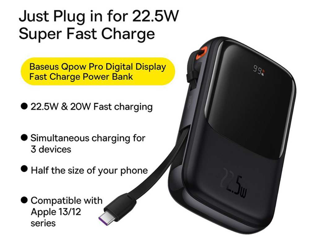 پاوربانک شارژر سریع 22.5 وات به همراه کابل تایپسی 0.5 متری 10000 بیسوس Baseus Qpow Pro Fast Charge Power Bank PPQD020101