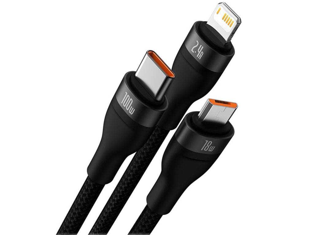 کابل سوپر فست شارژ سه سر یو اس بی به میکرو، تایپ سی و لایتنینگ 1.2 متر بیسوس Baseus Flash Series Ⅱ Cable USB to M+L+C 100W CASS030001