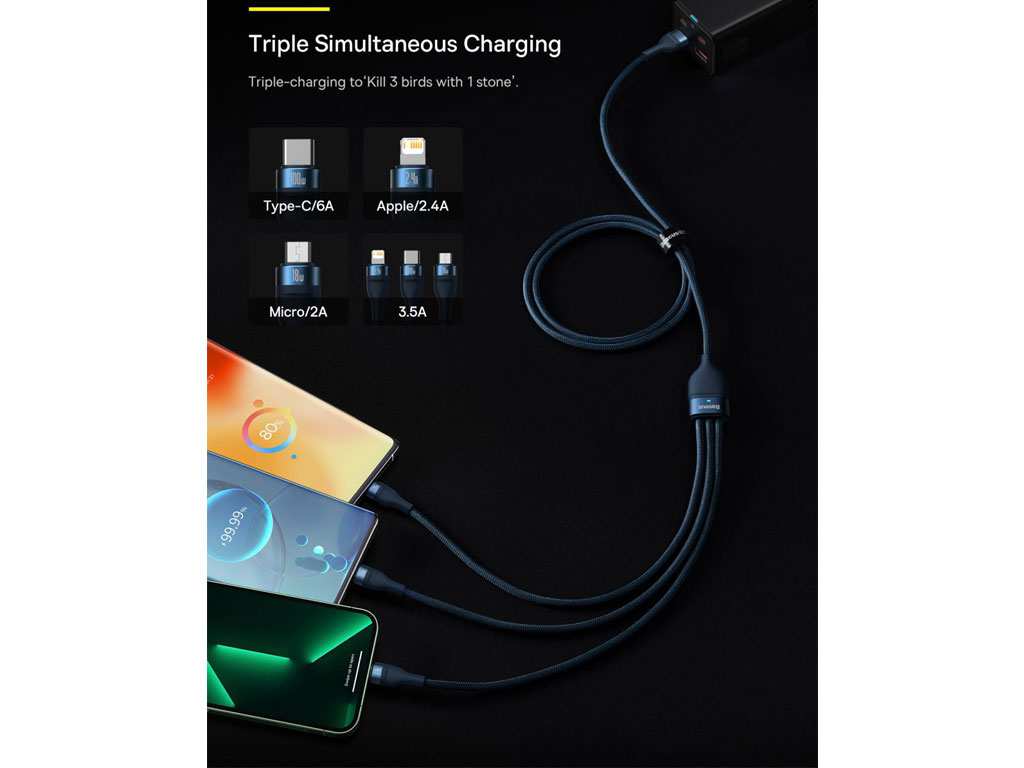 کابل سوپر فست شارژ سه سر یو اس بی به میکرو، تایپ سی و لایتنینگ 1.2 متر بیسوس Baseus Flash Series Ⅱ Cable USB to M+L+C 100W CASS030001