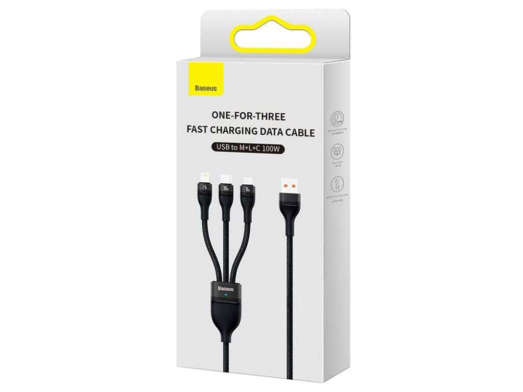 کابل سوپر فست شارژ سه سر یو اس بی به میکرو، تایپ سی و لایتنینگ 1.2 متر بیسوس Baseus Flash Series Ⅱ Cable USB to M+L+C 100W CASS030001