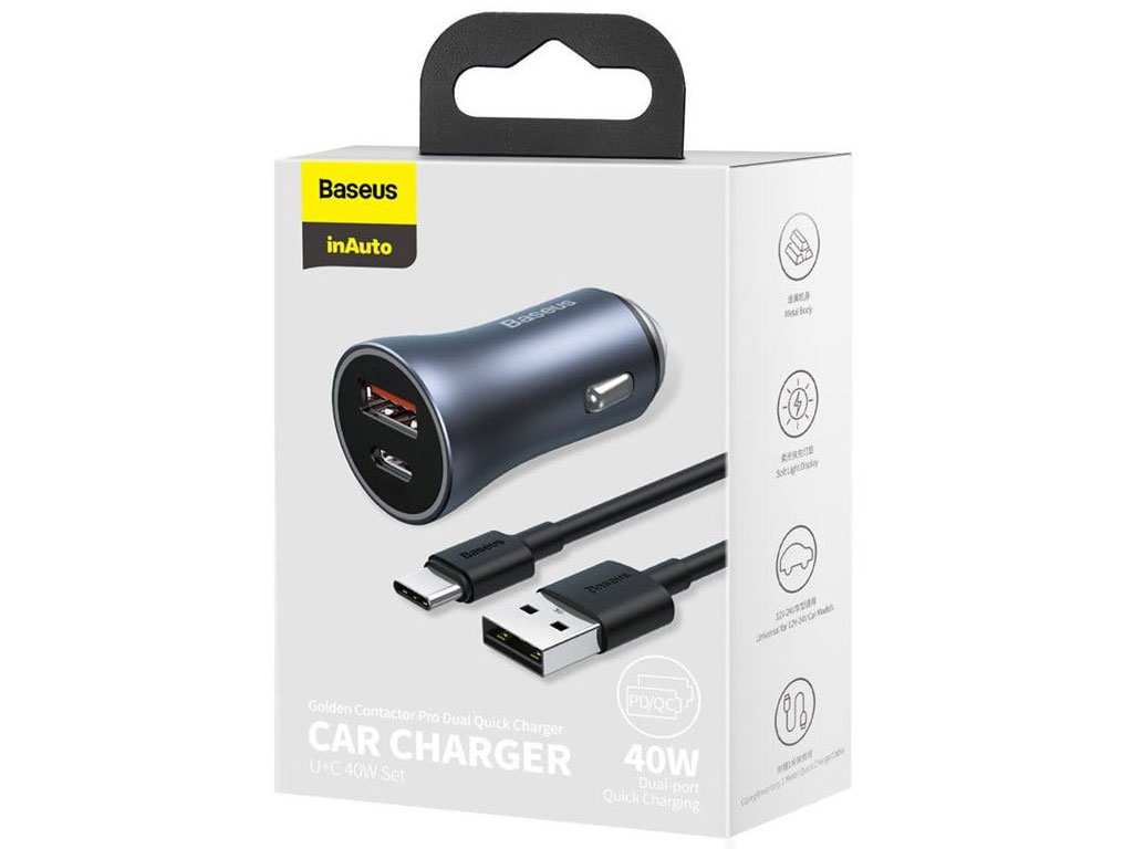 شارژر فندکی فست شارژ 40 وات با کابل تایپسی بیسوس Baseus Car Charger Golden Contactor Pro Type-C/USB TZCCJD-0G
