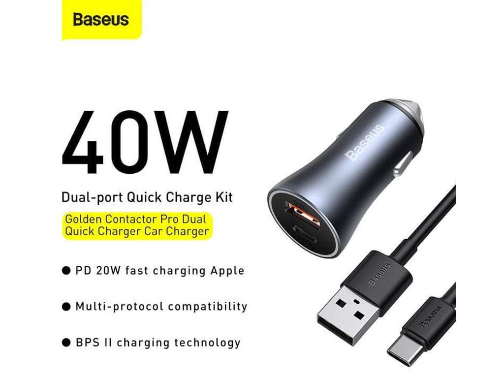 شارژر فندکی فست شارژ 40 وات با کابل تایپسی بیسوس Baseus Car Charger Golden Contactor Pro Type-C/USB TZCCJD-0G