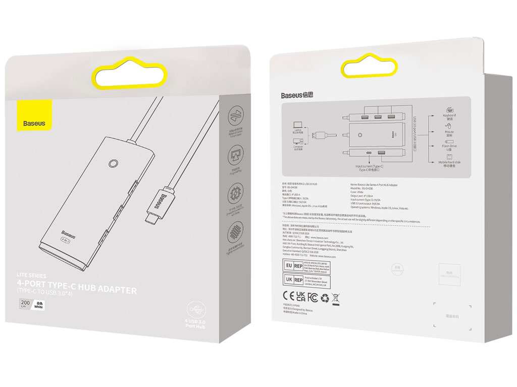 هاب چهار پورت یواس‌بی همراه با کابل دو متری تایپ‌سی بیسوس Baseus Lite Series Type-C HUB WKQX030501