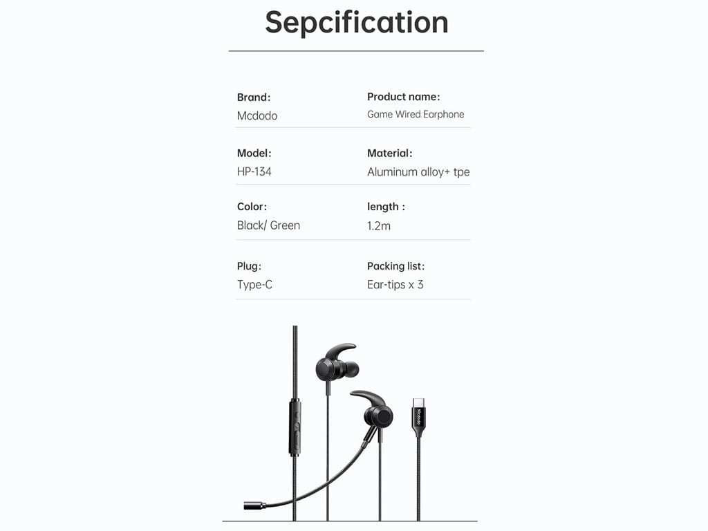 هندزفری سیمی گیمینگ حرفهای تایپسی مکدودو Mcdodo USB Type-C Gaming Earphones HP-1340