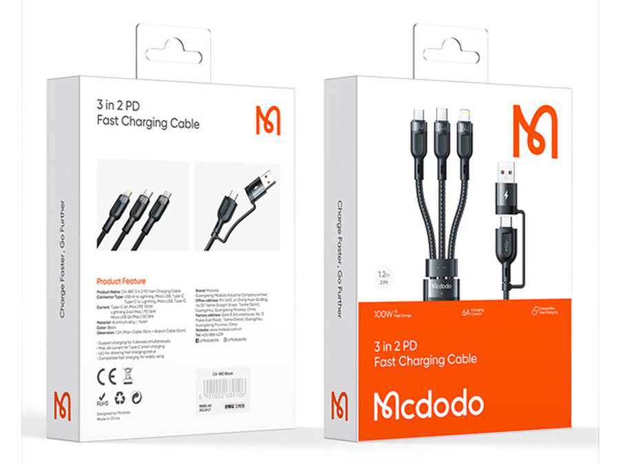 کابل سوپر فست شارژ 100 وات چند سر به طول 1.2 متر مکدودو Mcdodo 2 in 3 100W PD Fast Charging Cable CA-8800