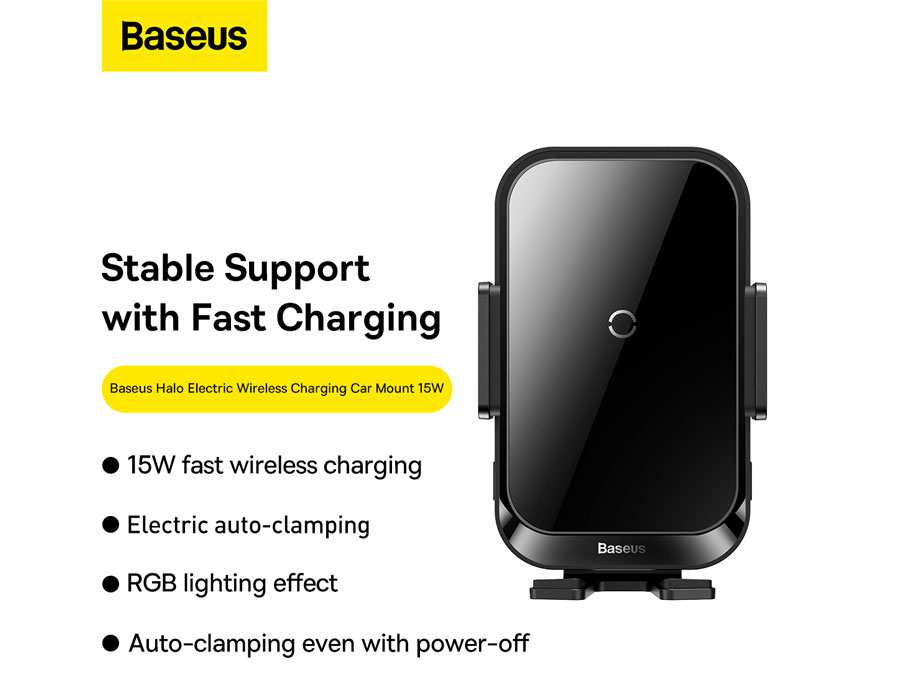 هولدر موبایل خودرو و شارژر وایرلس 15 وات بیسوس Baseus Halo Electric Wireless Charging Car Mount SUDD000001
